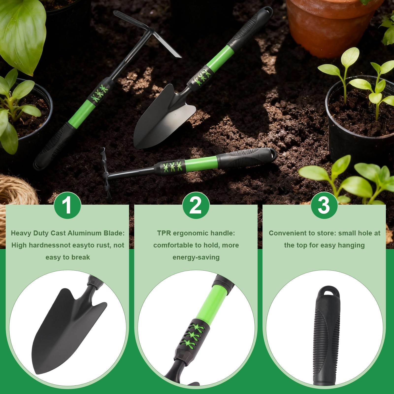 Zenrok Garden Tool Set soft rubber handle close-up for comfortable grip.