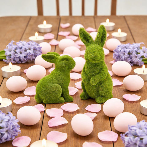Zensounding moss rabbit meditation statue brings calm table accent.