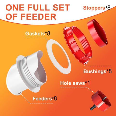 ZenxyHoC 8-port red poultry feeder shown with bucket setup for easy use.