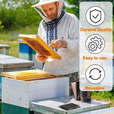 Weatherproof black plastic trap highlights durable beekeeping tool.