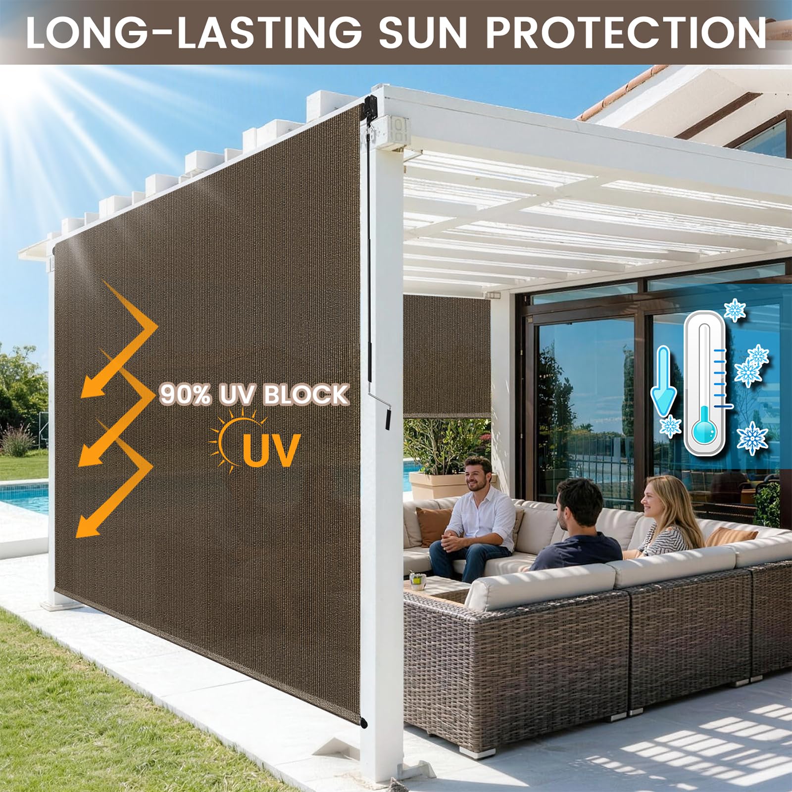 Zephyr Place cordless-operation-crank outdoor-roller-shade-mocha for safe, simple use.