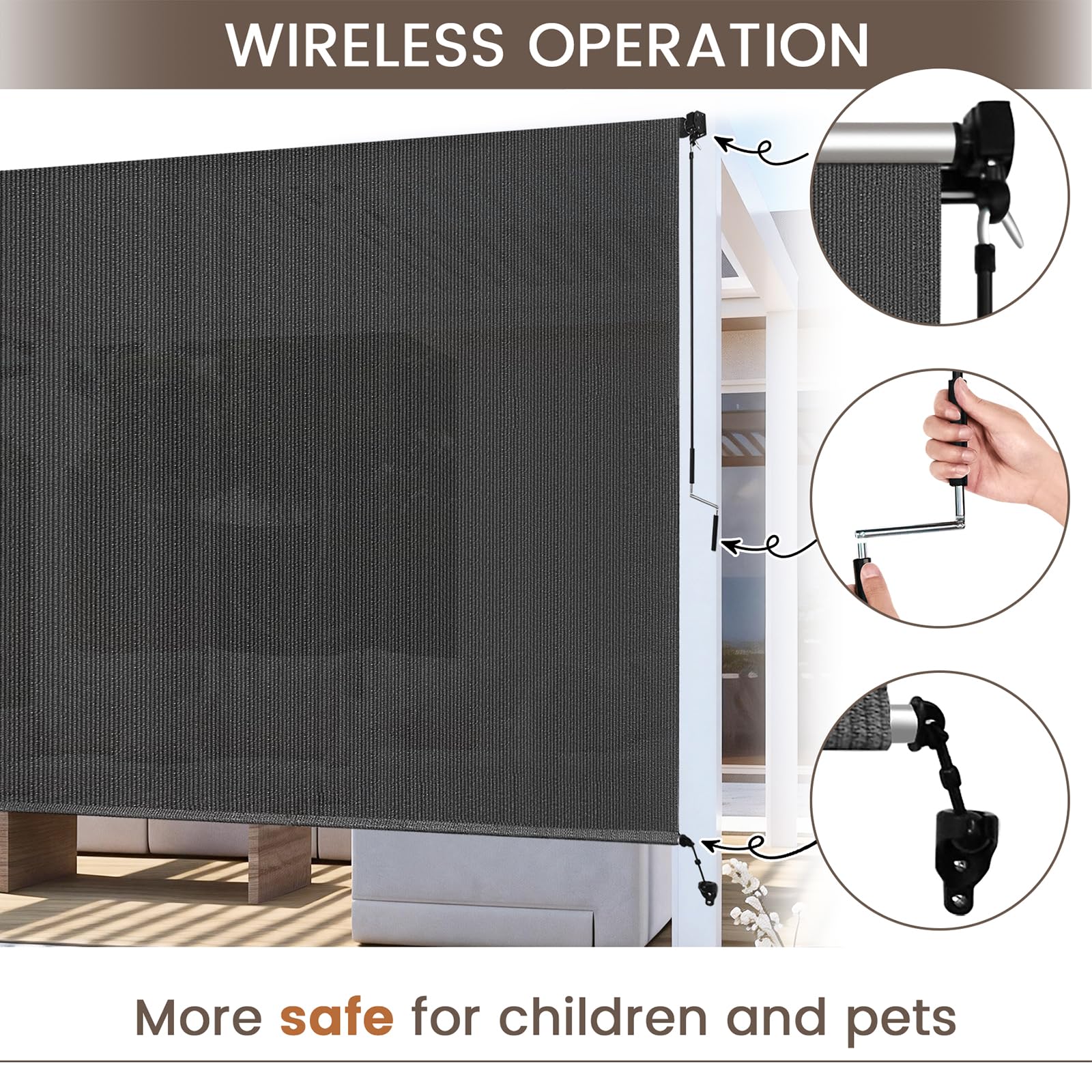 Zephyr Place outdoor roller shade with cordless operation for safe, easy adjustment