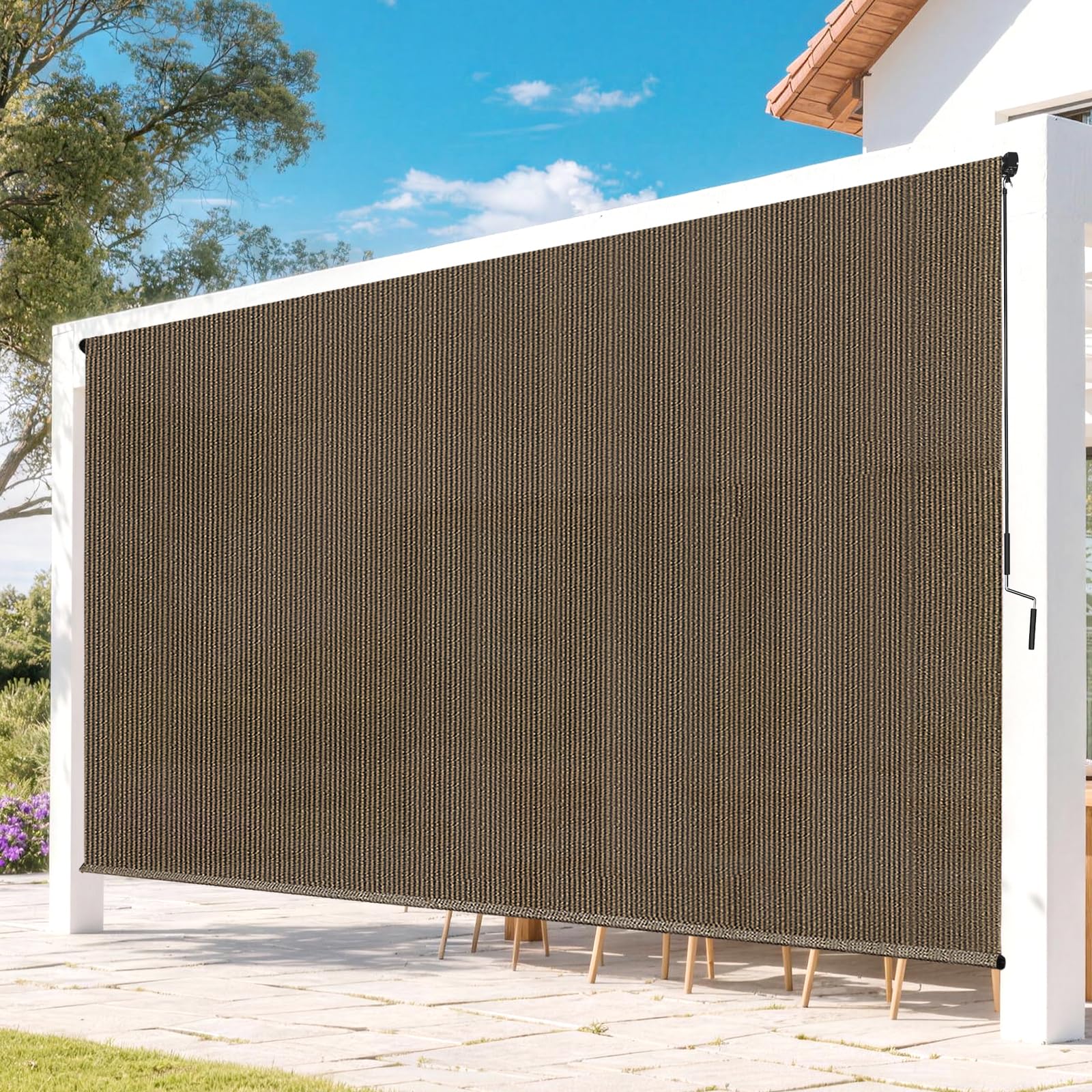 Zephyr Place outdoor-roller-shade-patio-mocha-10x8 blocks 90% UV for patio comfort.