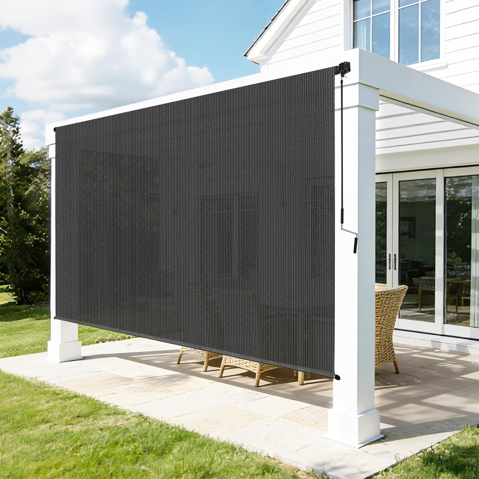 Zephyr Place outdoor roller shade on porch providing shade and UV protection
