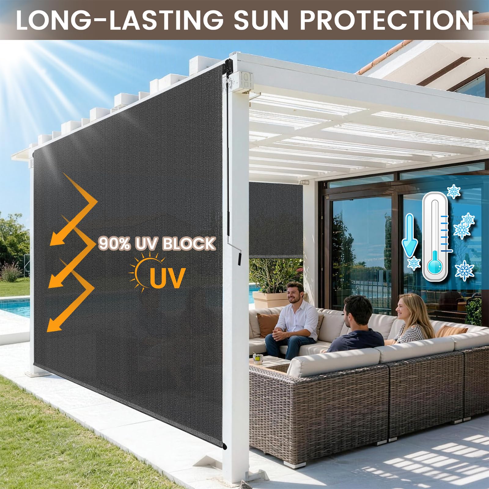 Zephyr Place outdoor roller shade delivering sun shade and glare reduction for a comfortable porch