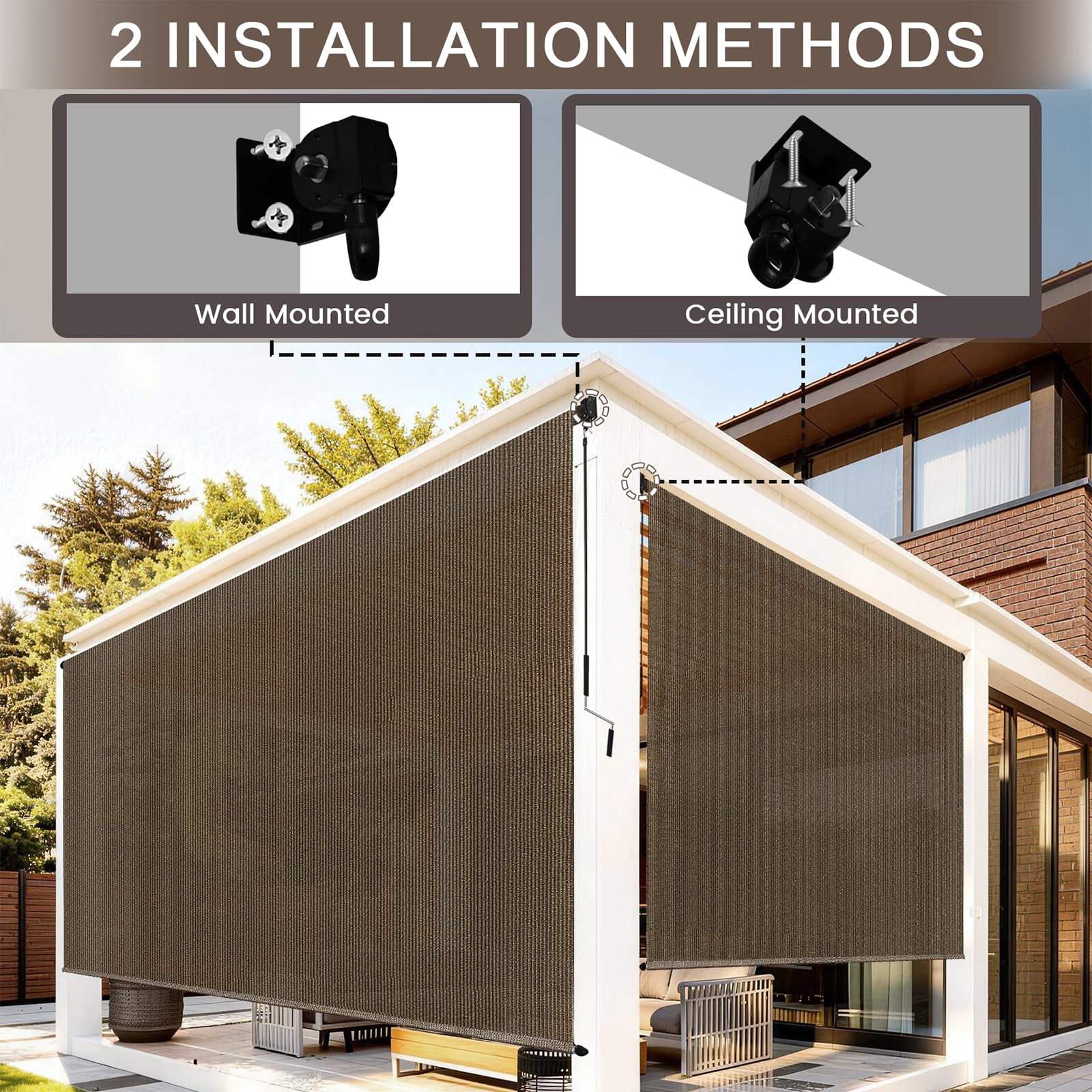 Zephyr Place spliced-pole-design-installation porch shade for straightforward DIY mounting.