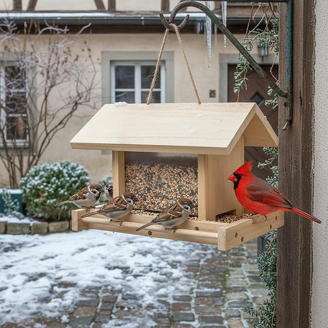 Zeqeey Hanging Wooden Bird Feeder with four-sided windows invites multiple bird species.