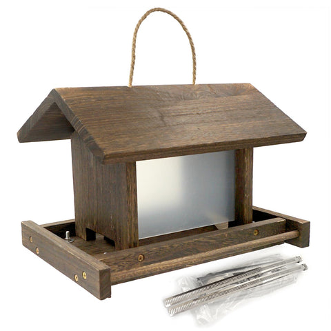 Clear acrylic viewing panel lets you watch birds feed