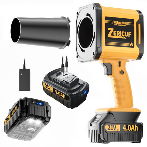 Zericuf leaf blower with 21V cordless motor delivering strong airflow with quieter operation.