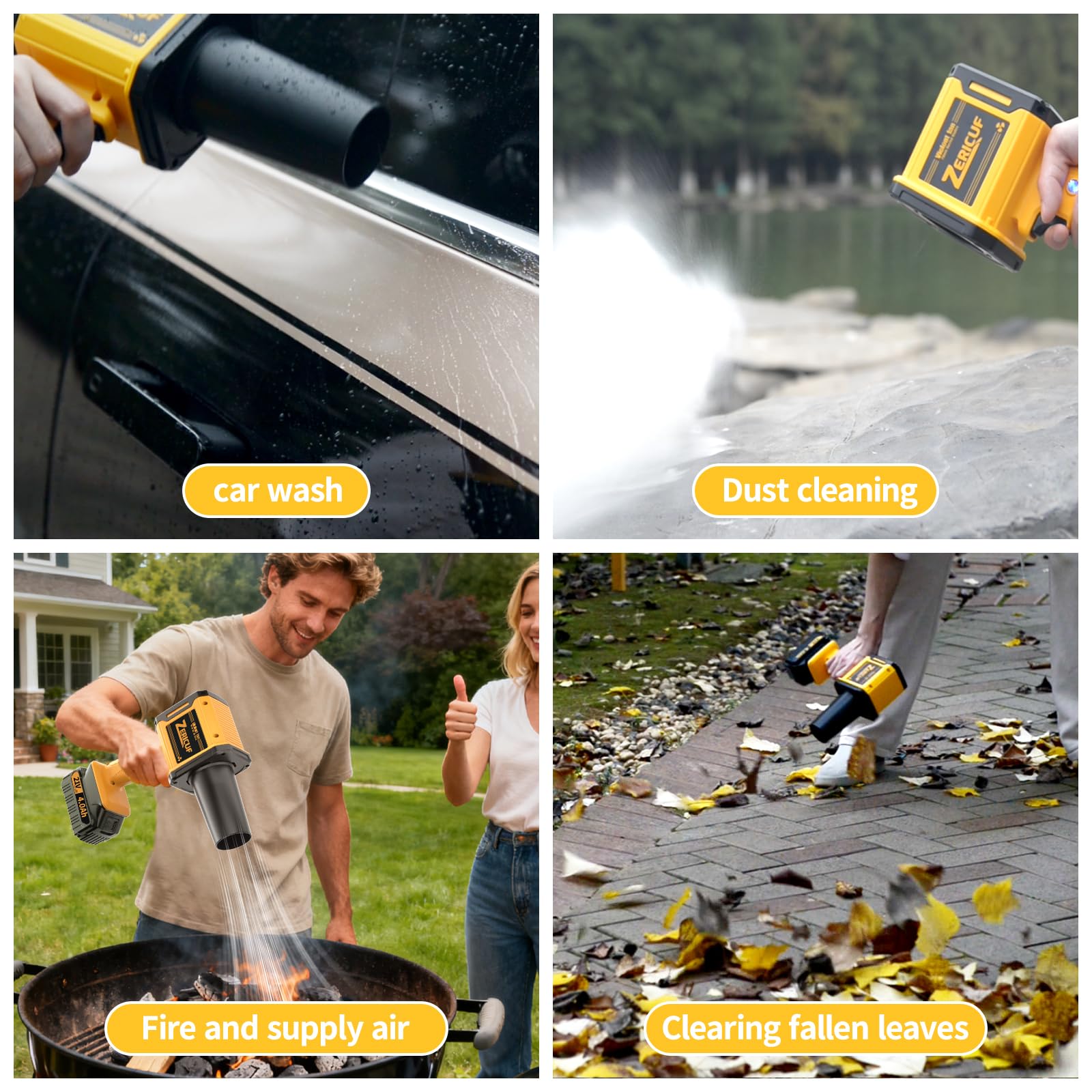 Built-in LED lights illuminate tight spaces during outdoor cleaning and camping.