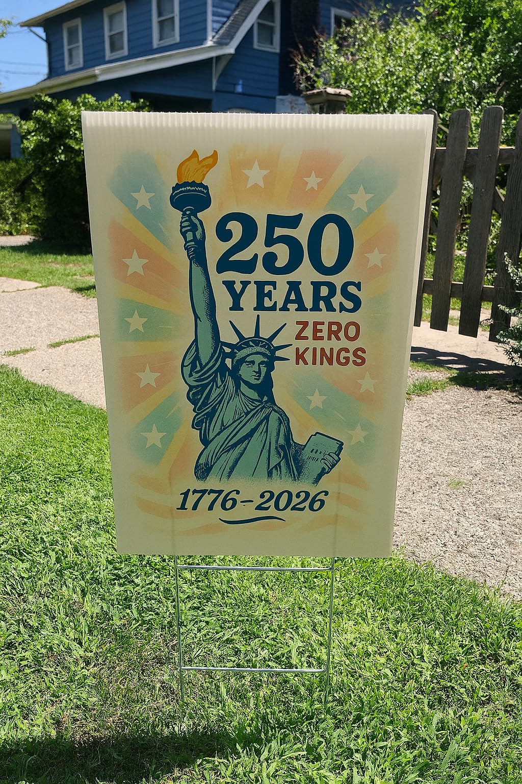 Zero Kings America 250th lawn sign back view with mirrored print for double-sided visibility.