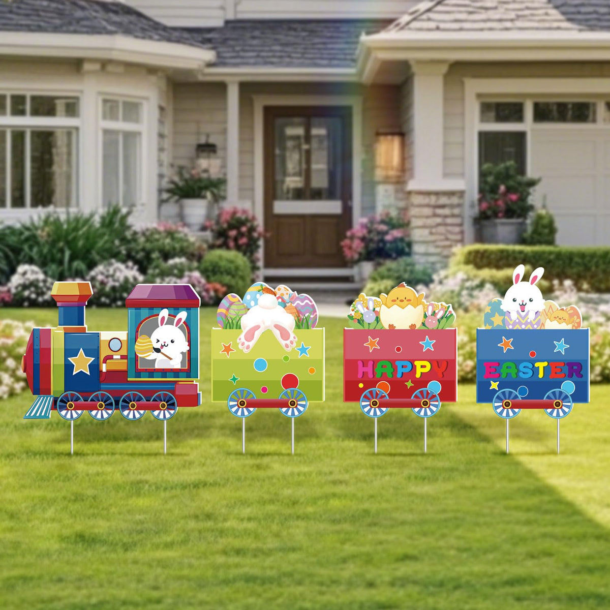 Zerofish Easter yard signs in pastel colors for a cheerful lawn display.