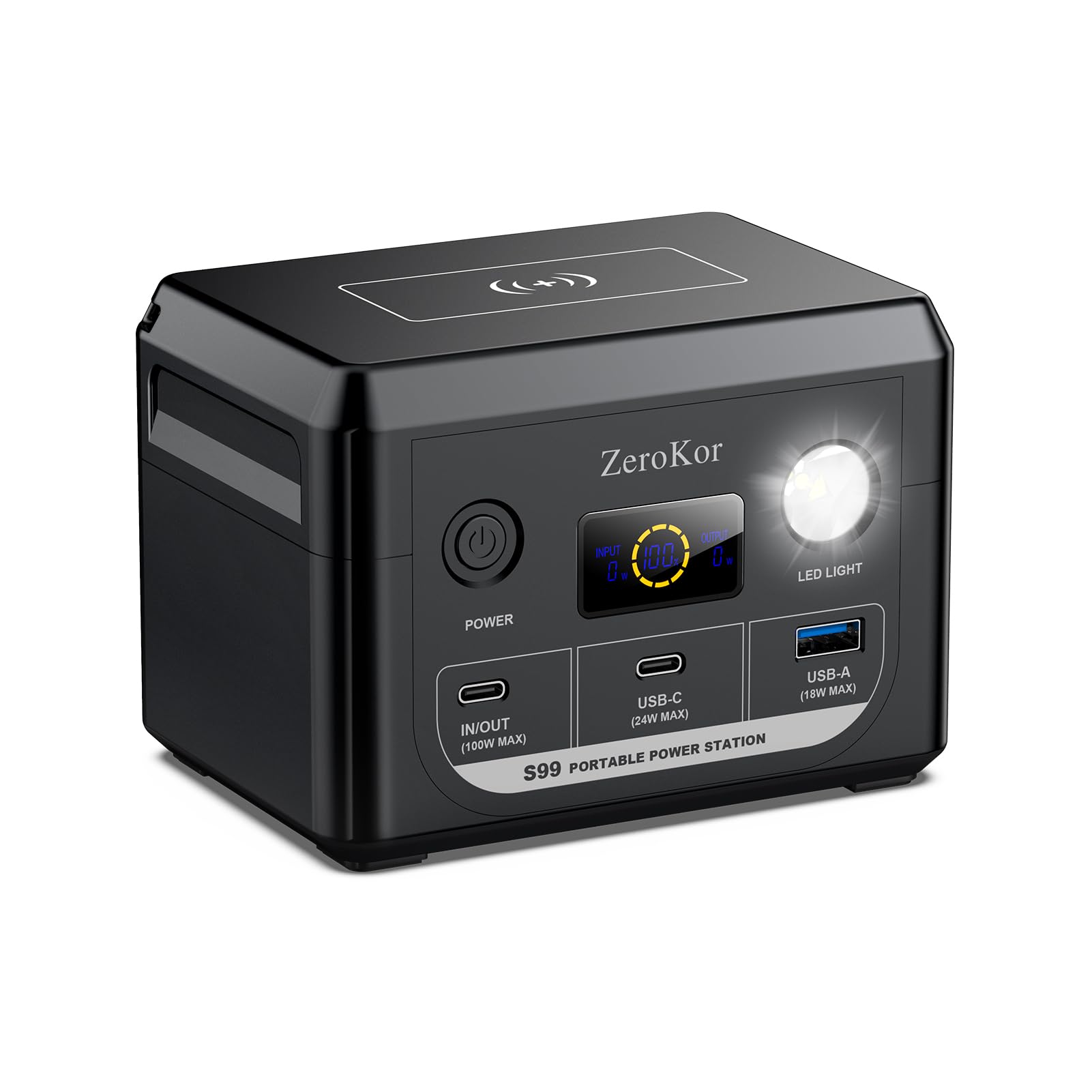 ZeroKor 100W portable power station front view for travel-ready charging