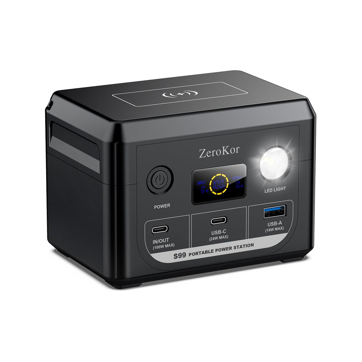 ZeroKor 100W portable power station front view for travel-ready charging