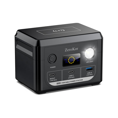 ZeroKor 100W portable power station front view for travel-ready charging