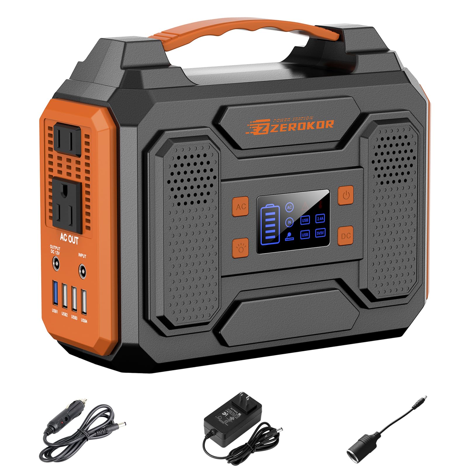 ZeroKor 300W portable power station front view powering devices on a camping trip.