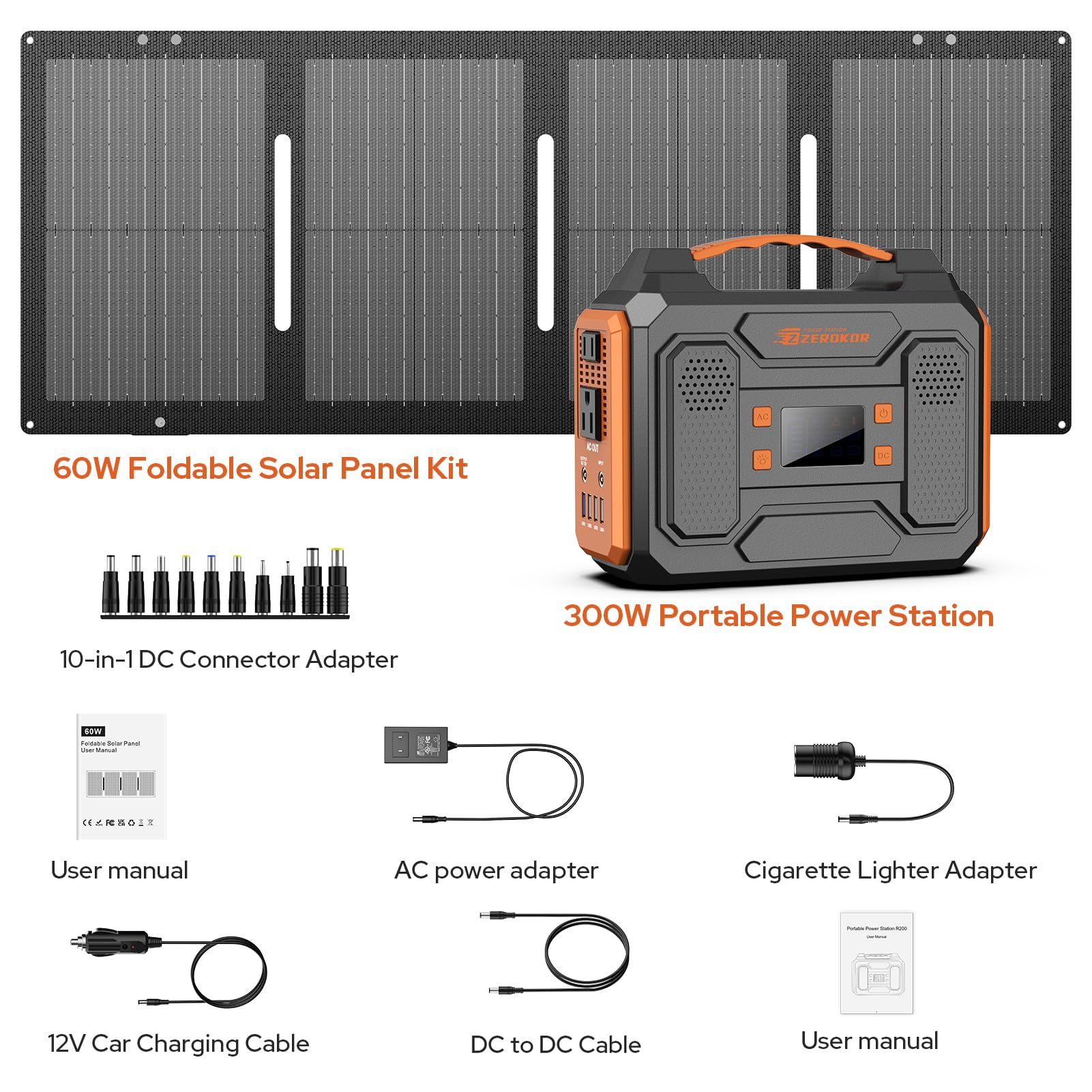 ZeroKor complete kit includes power station, solar panel, car adapter, and manuals