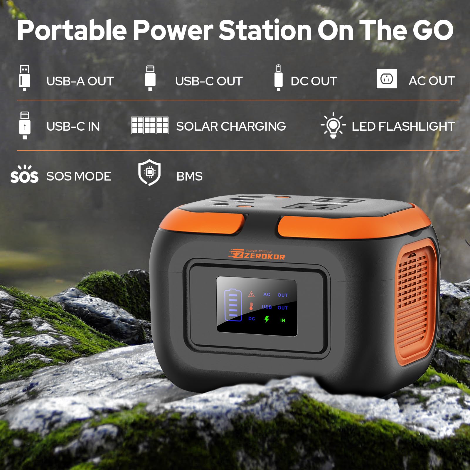 ZeroKor 120W power station with AC outlets shown for multiple devices outdoors