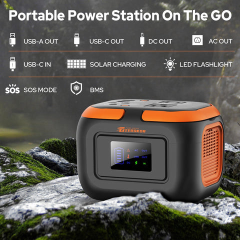 ZeroKor 120W power station with AC outlets shown for multiple devices outdoors