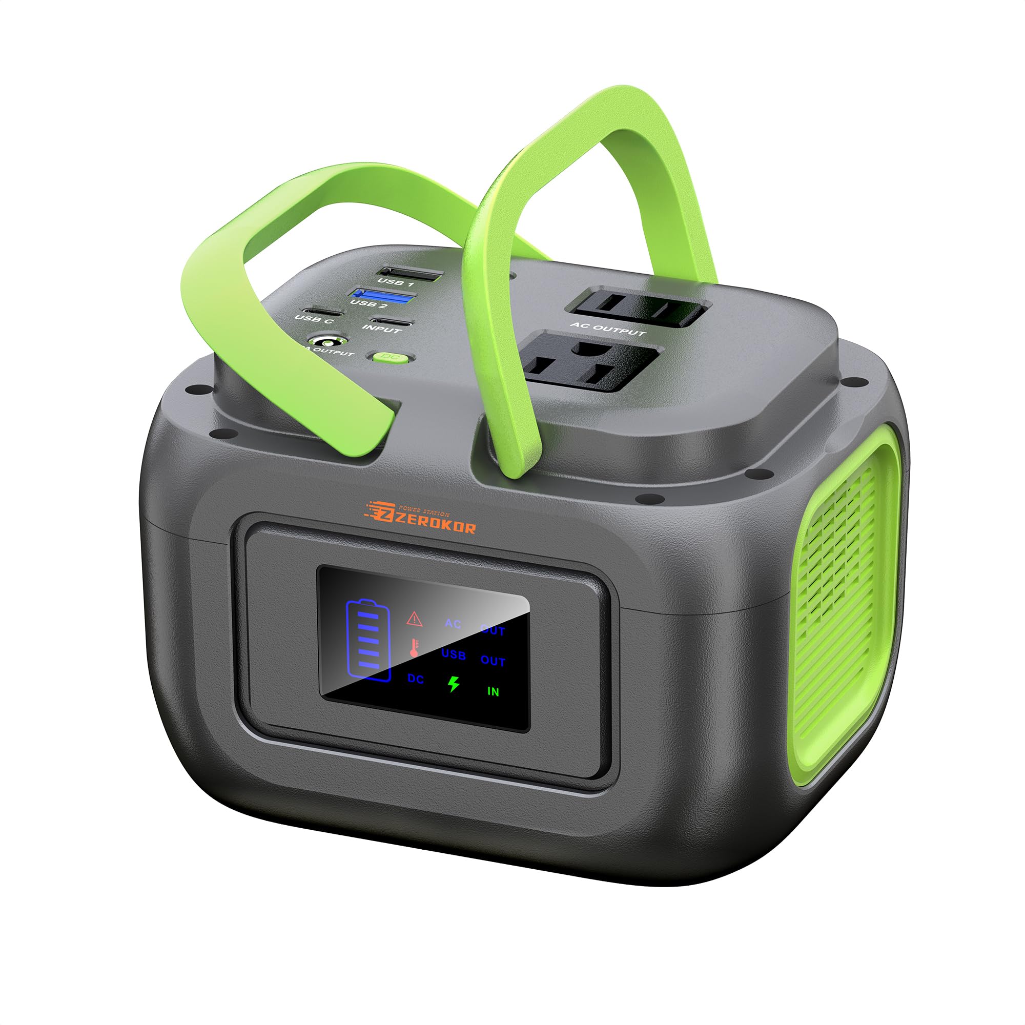 ZeroKor portable power station front view for easy transport on camping trips.