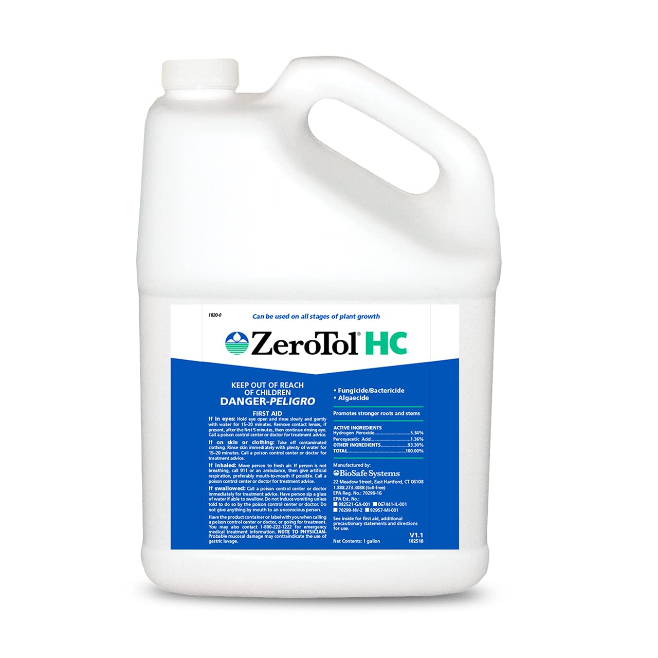 BioSafe Systems ZeroTol HC bottle and label showing OMRI-listed organic-use.