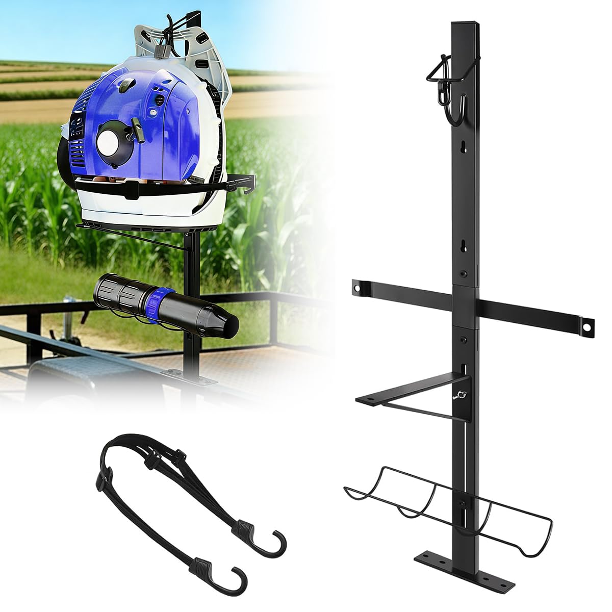 ZERTNROW backpack blower rack mounted on trailer for secure transport.