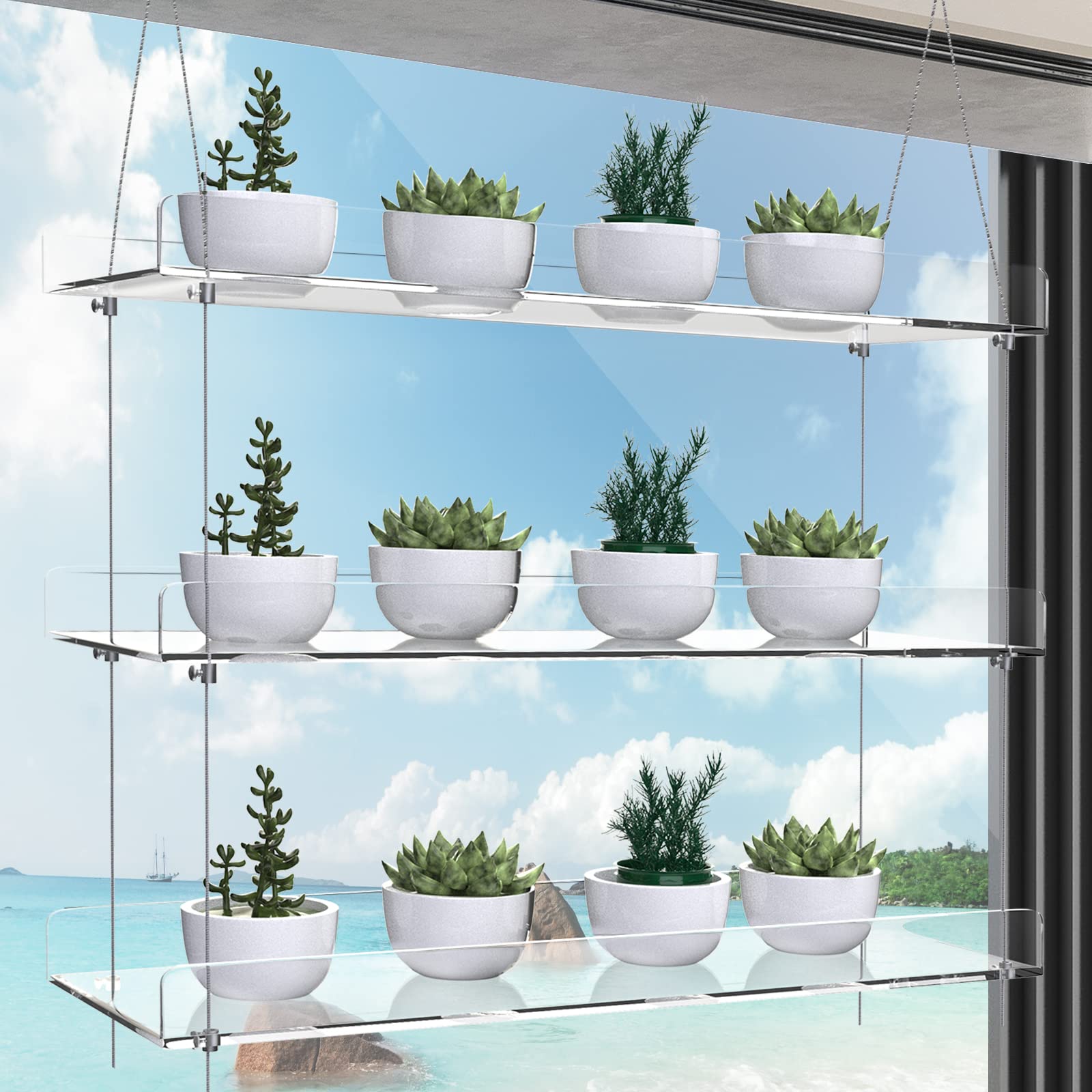 ZerzSemp adjustable-height window shelf with screws for spacing customization.