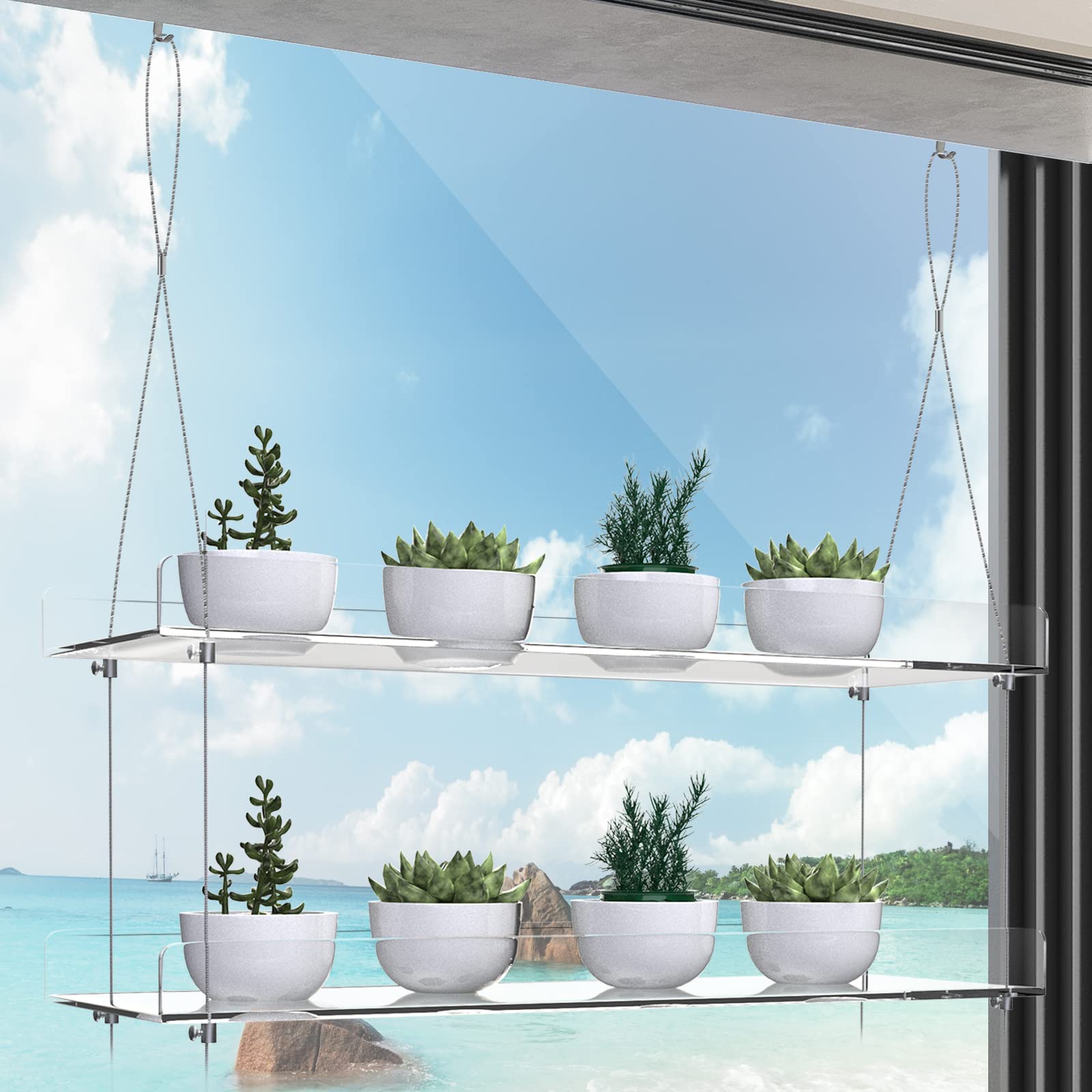 ZerzSemp hanging clear plant shelves 2-tier display for sun-loving indoor plants.