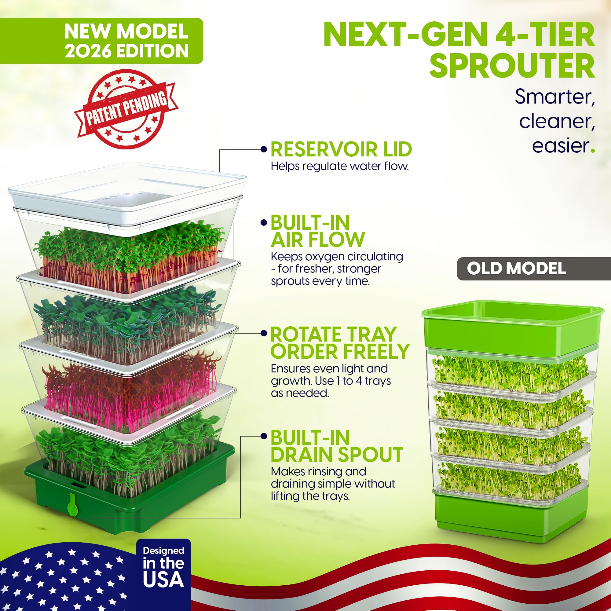 ZESTIGREENS 4-tier sprouter side view showing easy drainage with built-in sink spout.