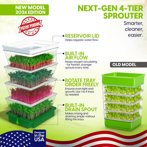 ZESTIGREENS 4-tier sprouter side view showing easy drainage with built-in sink spout.