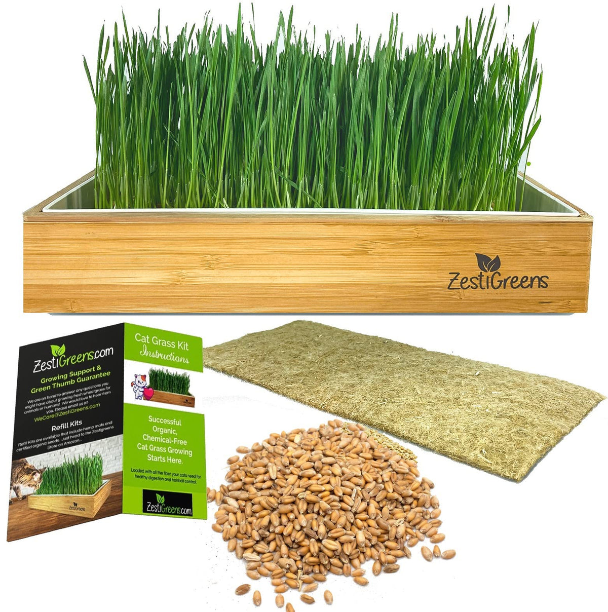 ZESTIGREENS self-watering cat grass kit tray, dishwasher-friendly, keeps indoor feeding tidy.