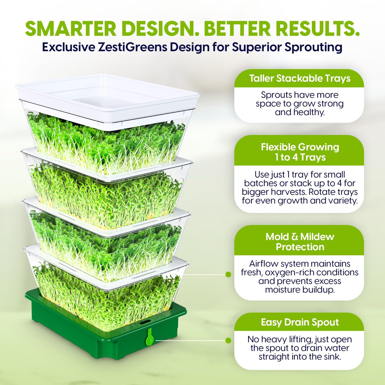 ZESTIGREENS sprouter with taller trays for fuller growth.