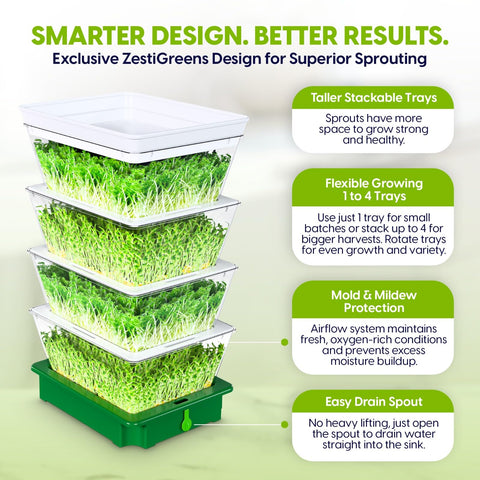 ZESTIGREENS sprouter with taller trays for fuller growth.