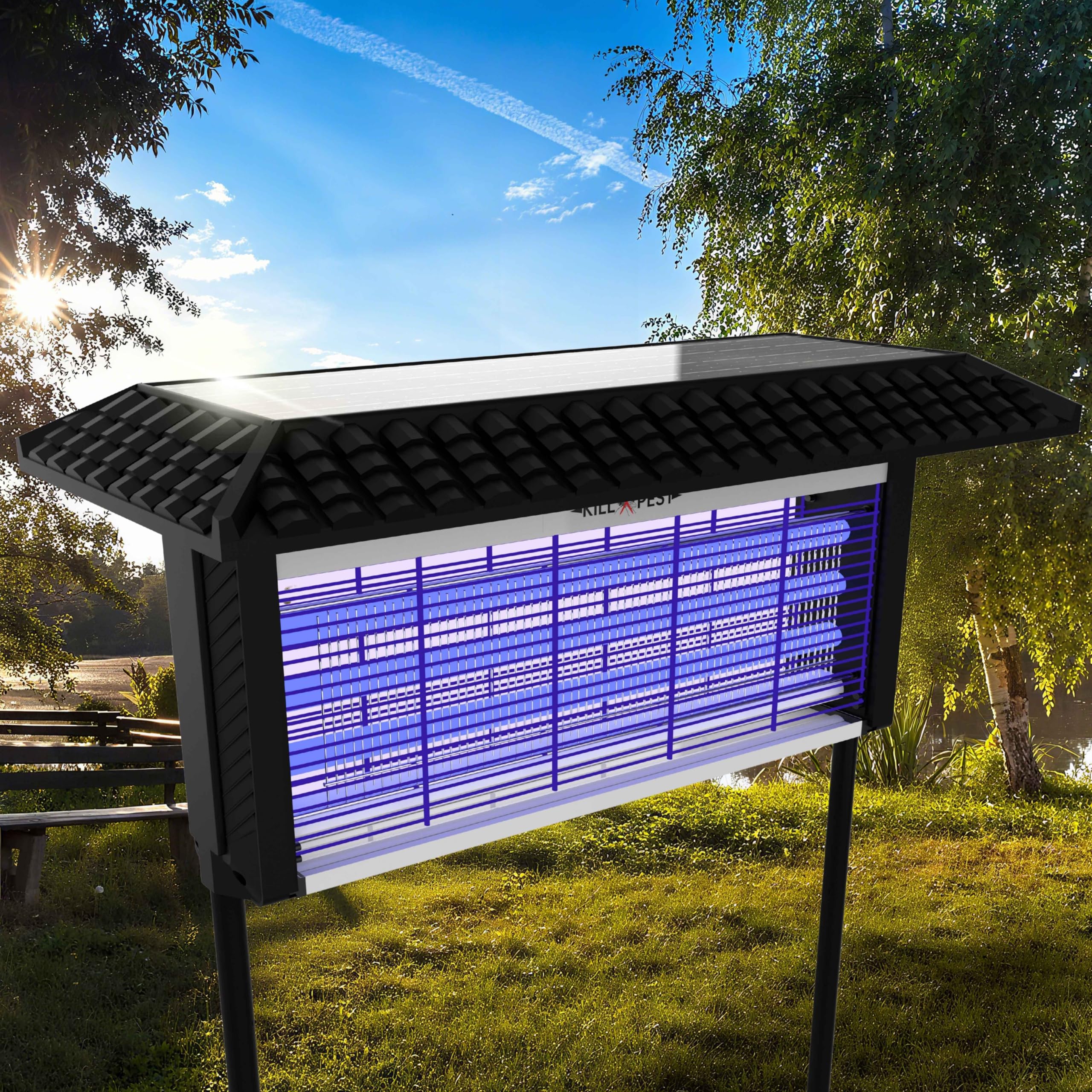 ZETAWALE solar bug zapper outdoors in garden, wide backyard coverage