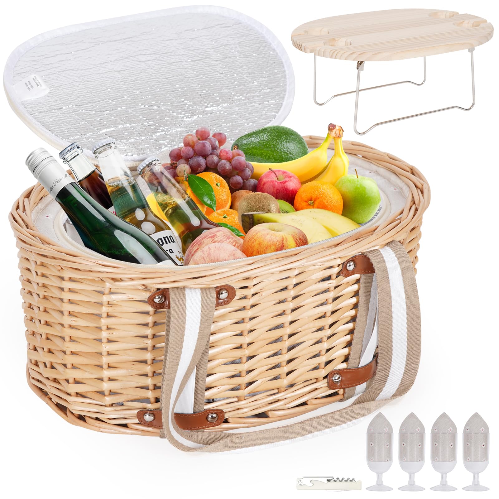 Zettfuly picnic basket for four with dual-lid access for easy packing and serving