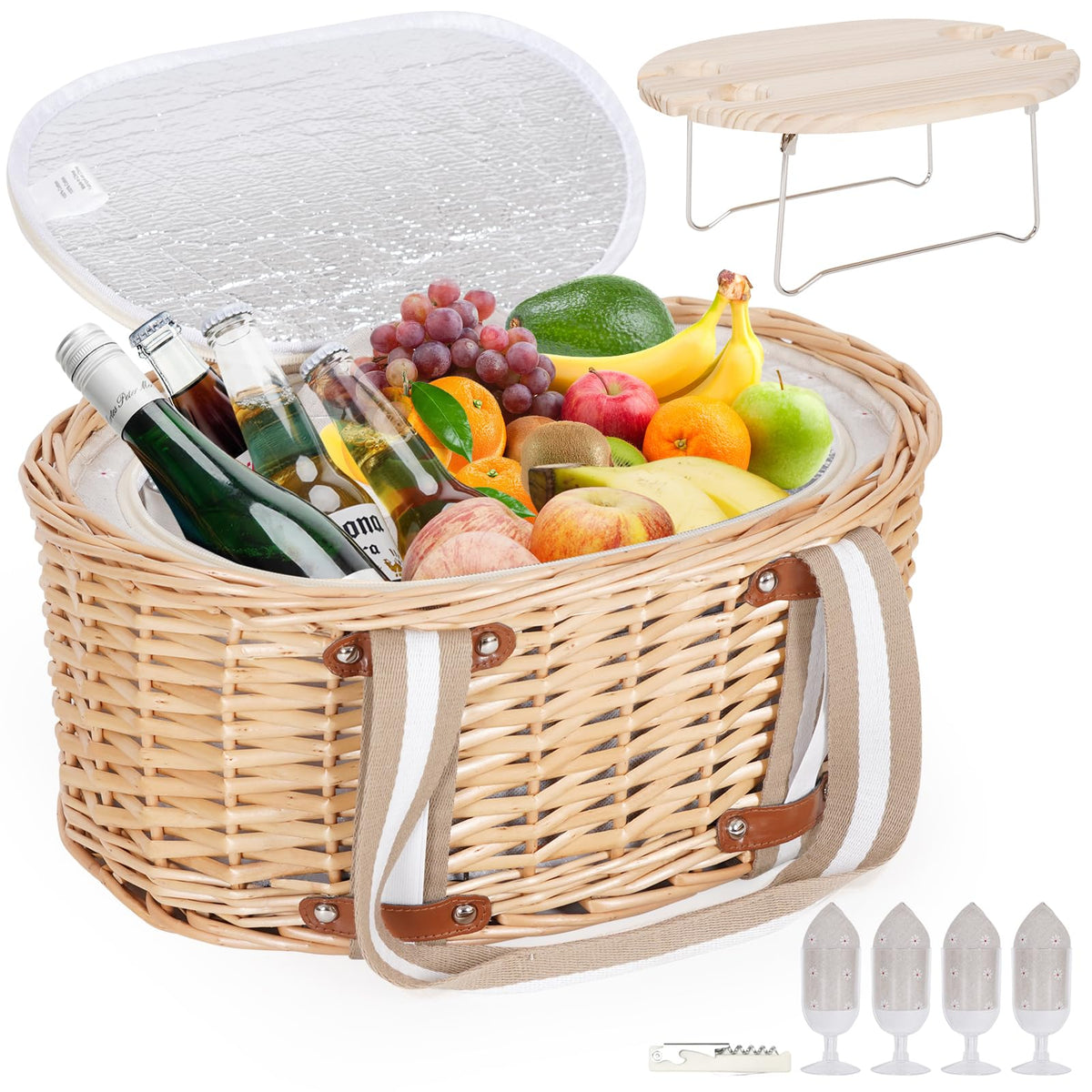 Zettfuly picnic basket for four with dual-lid access for easy packing and serving