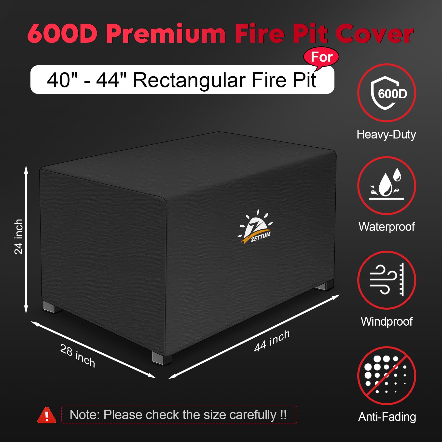 Zettum 600D fire pit cover with waterproof PU coating extends weather resistance.