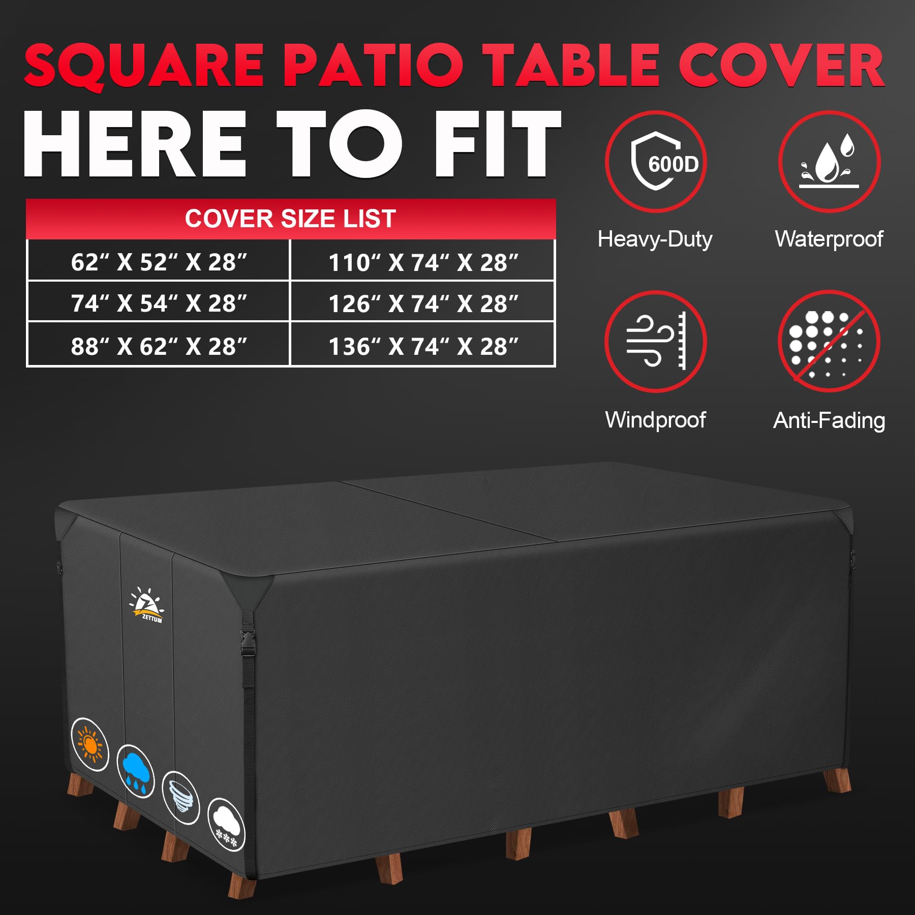 Zettum easy-on-easy-off patio cover installing over outdoor dining furniture.