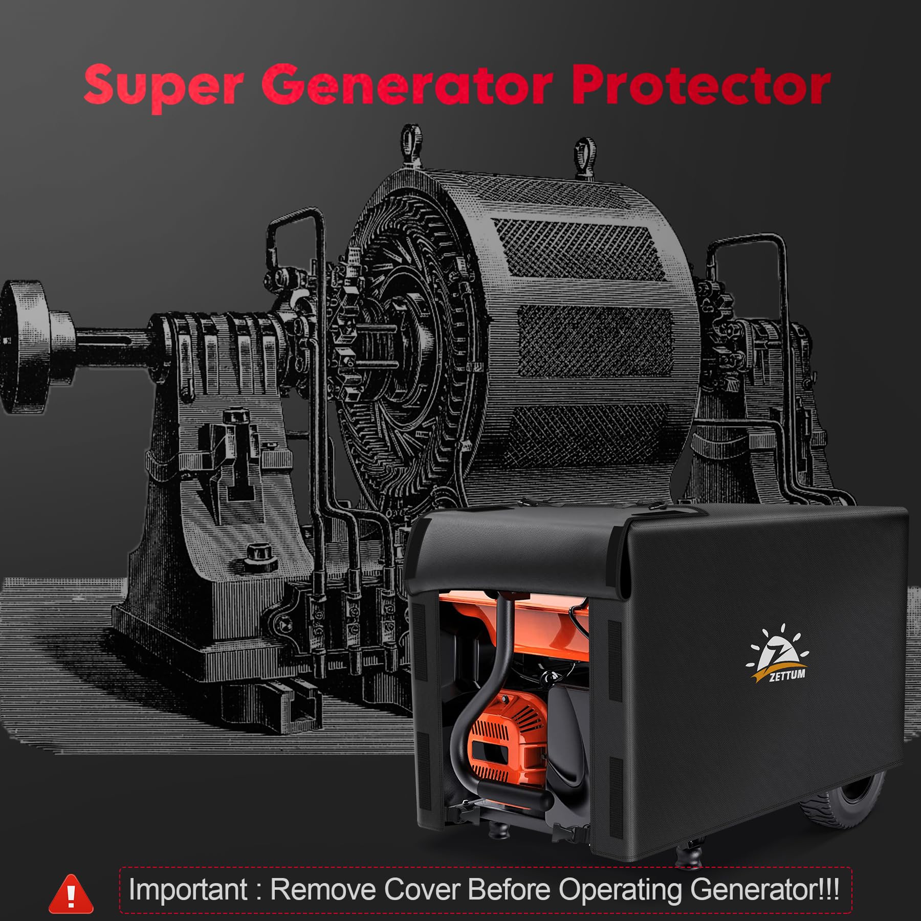 Zettum easy-on-off design being slipped over a generator for quick storage