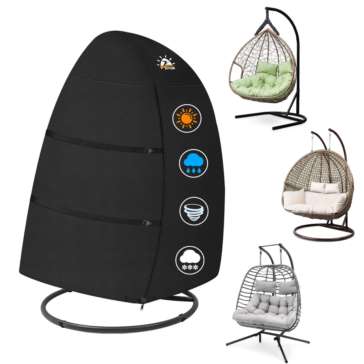 Zettum egg chair cover front view showing snug double-seat fit and outdoor protection.