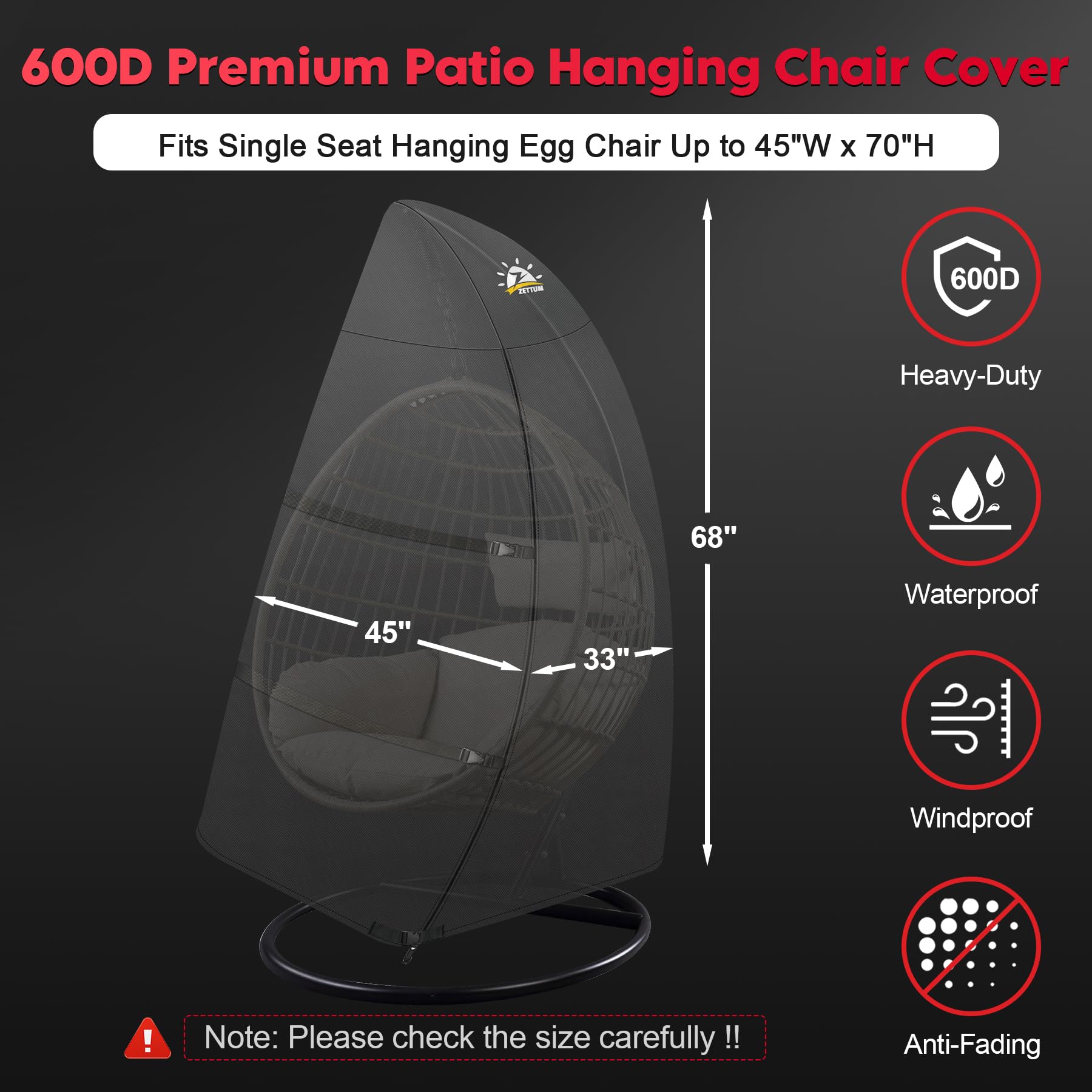 Zettum Egg Chair Cover side dimensions highlight accurate sizing for protected single seat chairs.