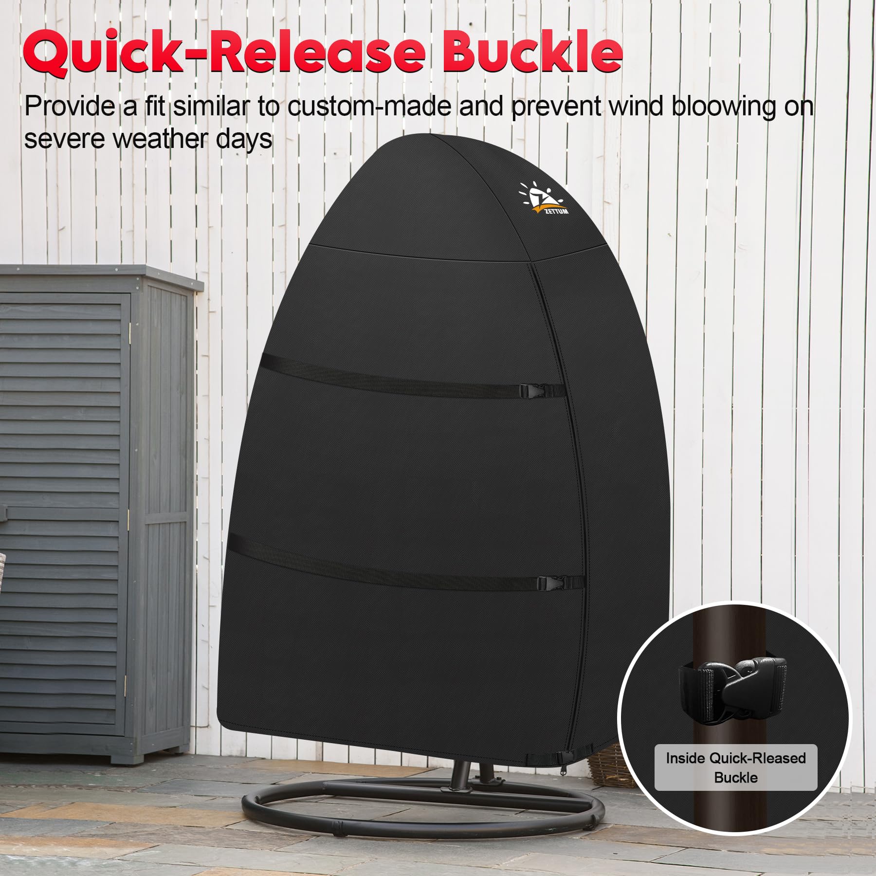 Zettum Egg Chair Cover wind safety strap demonstrates secure fit against strong gusts.