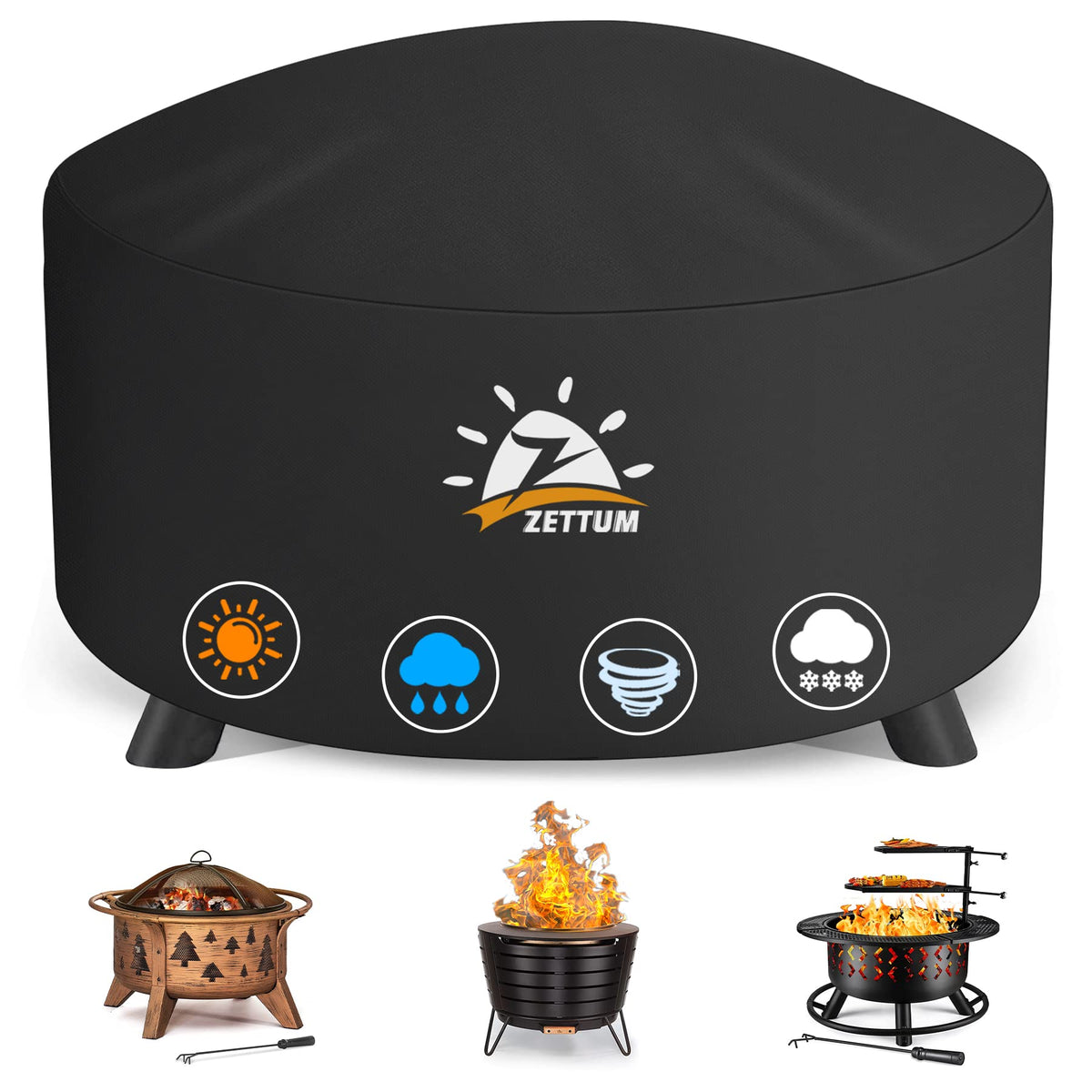 Zettum round 50in fire pit cover sits securely on the firepit, protecting against rain and debris.