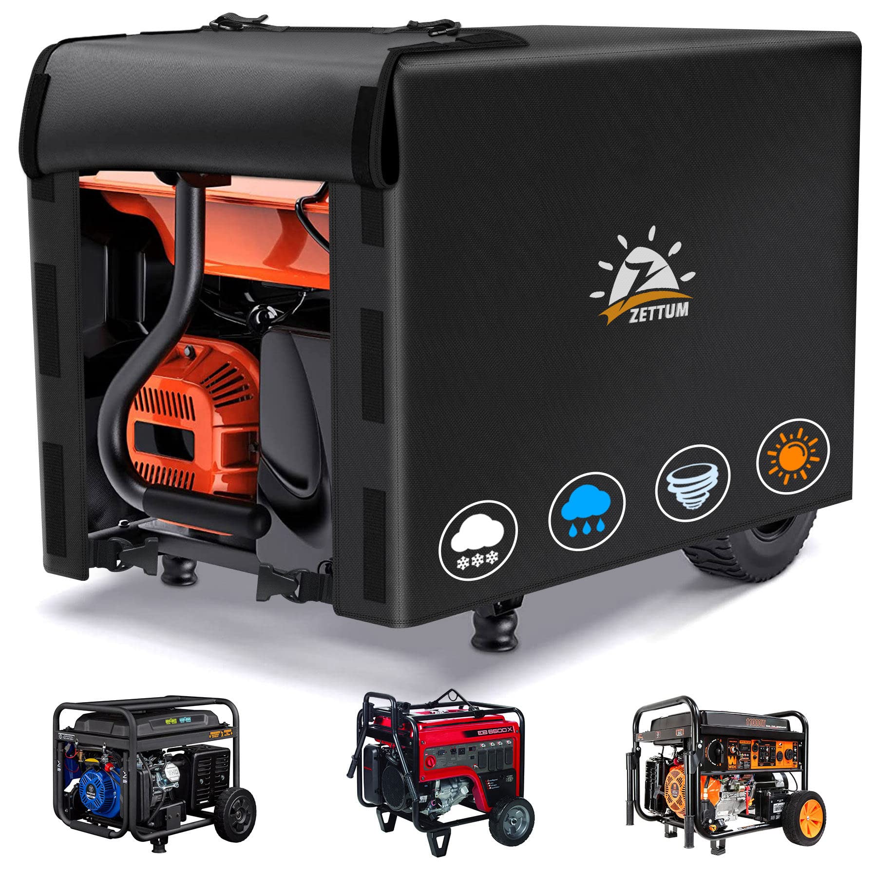 Zettum generator cover shows 32x24x24 dimensions protecting 5000-10000W units from rain