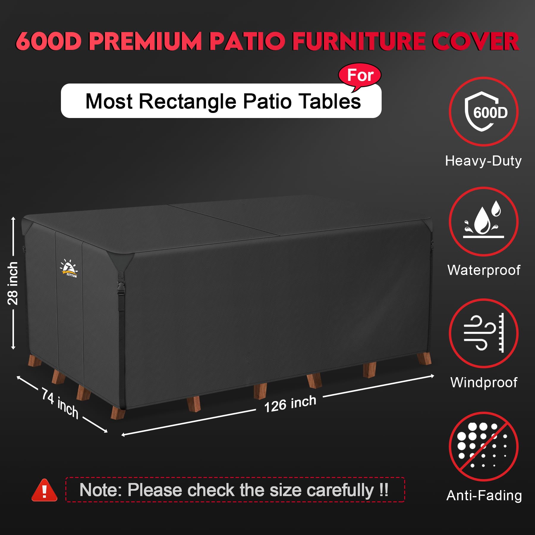 Zettum 600D heavy-duty waterproof cover shielding outdoor furniture from weather.