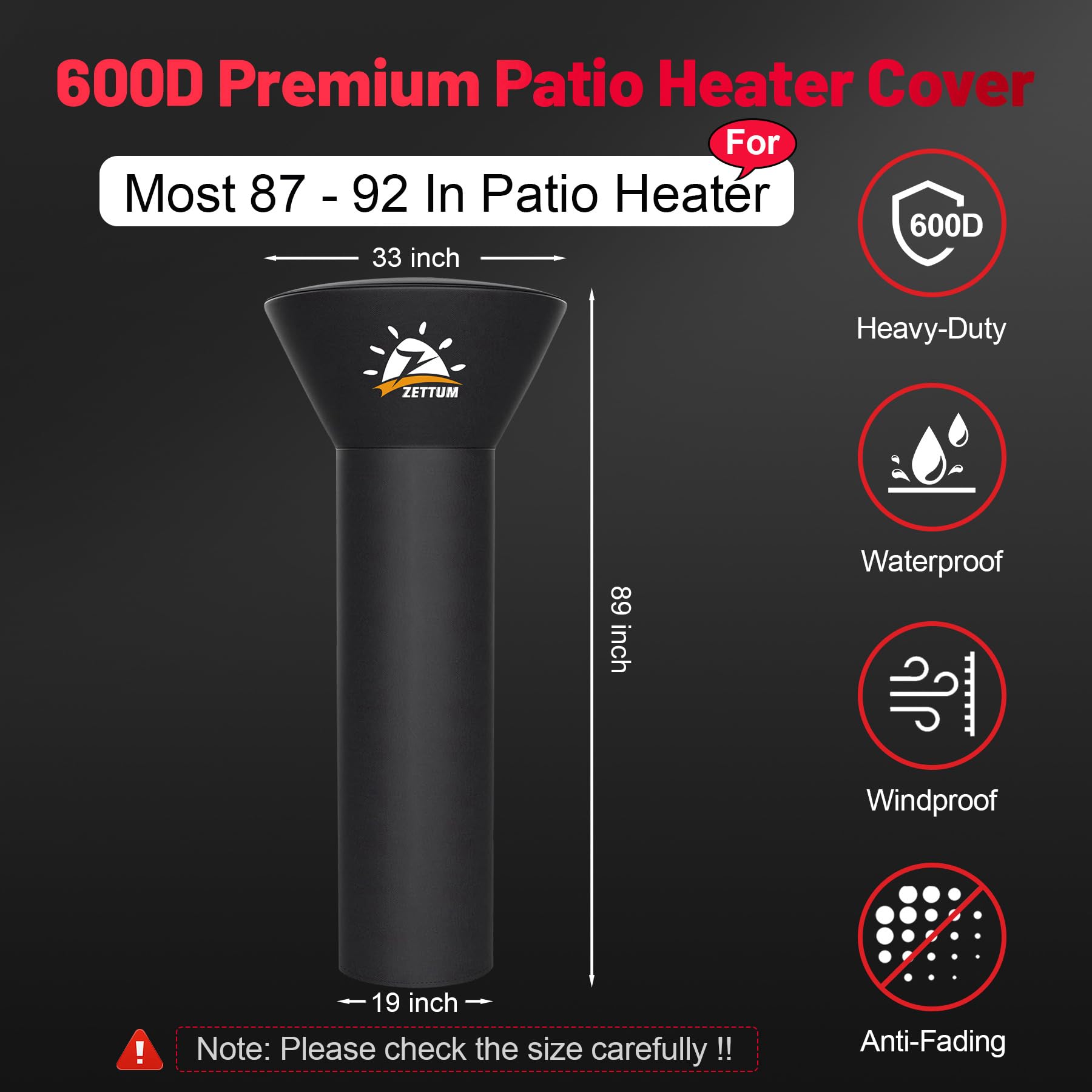 Zettum patio heater cover with 33-inch dome shielding the top of the heater.