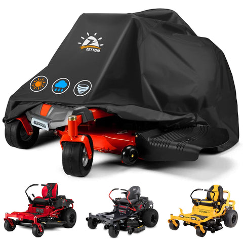 Zettum zero-turn mower cover on mower protects from rain and debris.