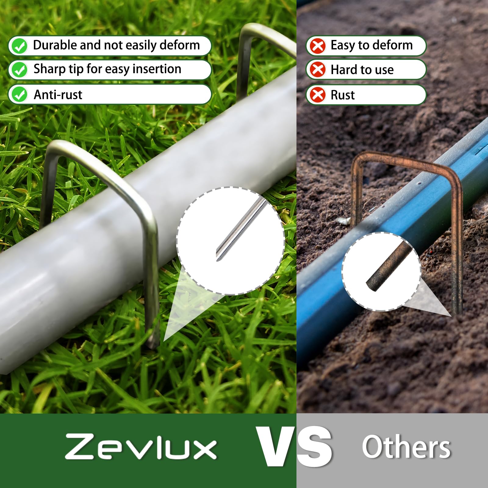 Zevlux 12-gauge galvanized stakes used to anchor landscape fabric.