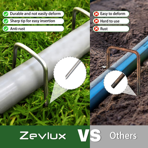 Zevlux 12-gauge galvanized stakes used to anchor landscape fabric.