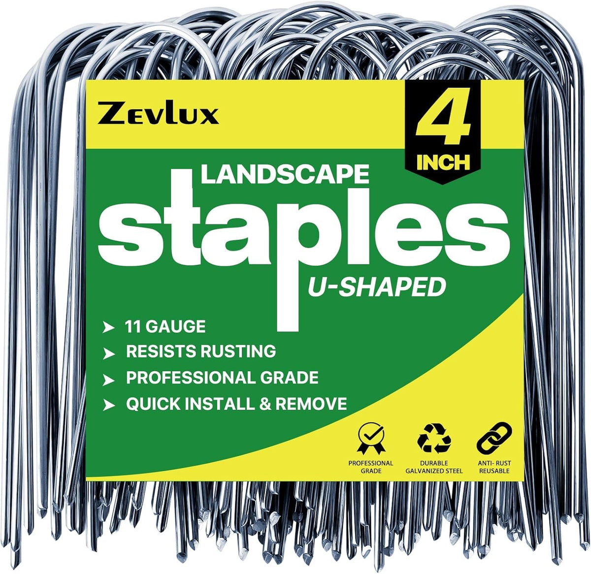 Zevlux 4-inch U-shape stakes securing irrigation tubing with strong hold.